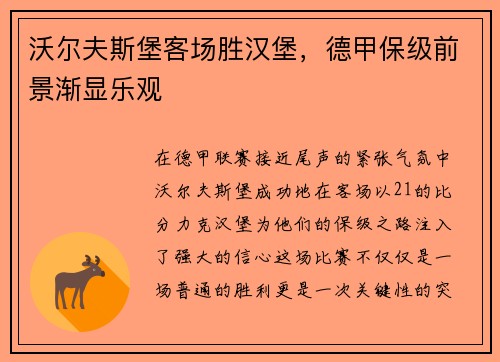 沃尔夫斯堡客场胜汉堡，德甲保级前景渐显乐观